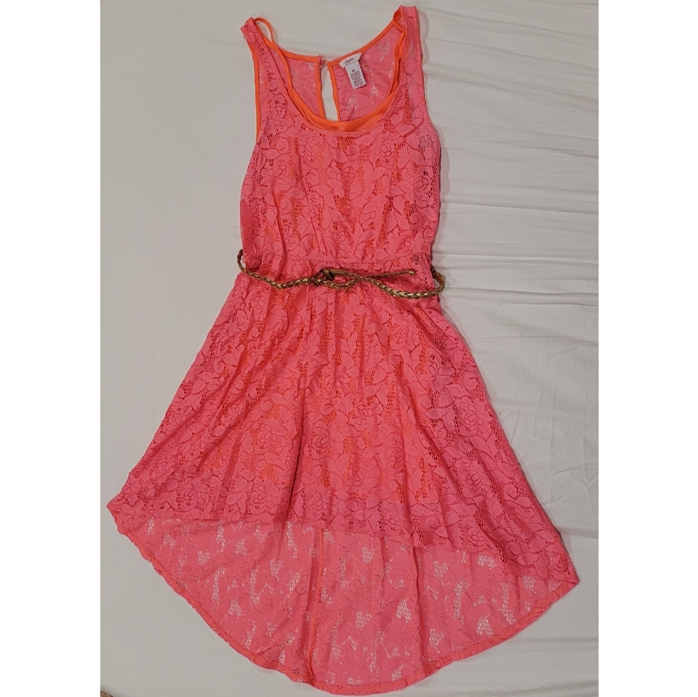 Neon Coral Lace High-Low Dress (Candie's, XL)